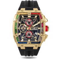The Polaris Chrono Ice - Midnight Radiance men's luxury watch featuring a bold gold case with a multicolor ice-set bezel, black dial with chronograph subdials, date function, and black rubber strap. Bold by Design.