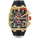 The Polaris Chrono Ice - Midnight Radiance men's luxury watch featuring a bold gold case with a multicolor ice-set bezel, black dial with chronograph subdials, date function, and black rubber strap. Bold by Design.