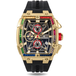 The Polaris Chrono Ice - Midnight Radiance men's luxury watch featuring a bold gold case with a multicolor ice-set bezel, black dial with chronograph subdials, date function, and black rubber strap. Bold by Design.