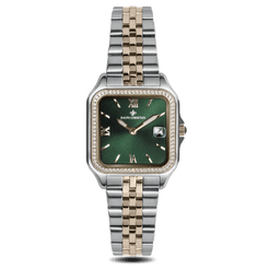The Regatta - Emerald Rose women’s luxury watch with a square green dial, rose gold and silver two-tone metal bracelet, date function, and cubic zirconia ice-set bezel, bold by design.