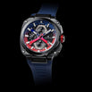 Luxury watch with a blue strap and multicolored face on a black background