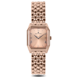 The Valencia - Rose Allure women's luxury watch featuring a rose gold rectangular case, matching rose gold dial with Roman numerals, and a polished rose gold linked bracelet strap by Ralph Christian, bold by design.