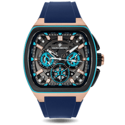 The Vector Sport - Atlantic Pulse men's luxury watch features a rose gold case with black and blue dial accents, three subdials, and a blue silicone strap.