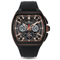 The Vector Sport - Copper Eclipse men's luxury watch featuring a bold black square case with copper accents, a black dial with three subdials for date, 24-hour, and day functions, and a black rubber strap.