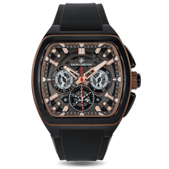 The Vector Sport - Copper Eclipse men's luxury watch featuring a bold black square case with copper accents, a black dial with three subdials for date, 24-hour, and day functions, and a black rubber strap.