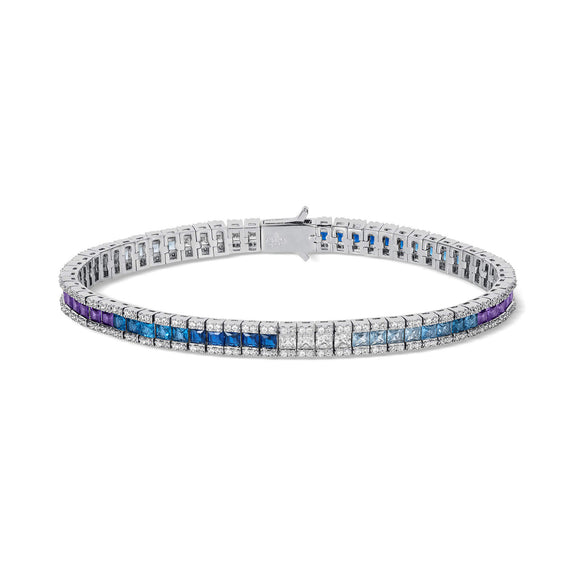 Silver bracelet with blue and purple stones on a white background