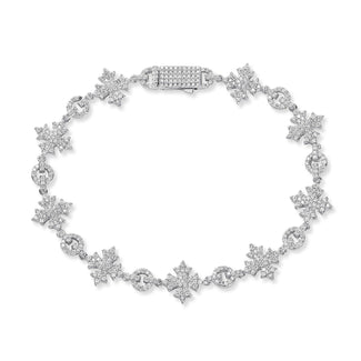 Silver bracelet with floral designs on a white background