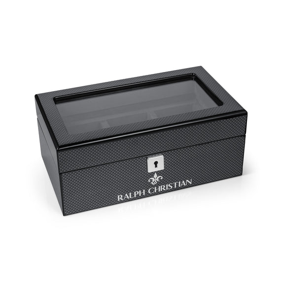 Luxury Collectors Watch Case in sleek black with a glass top and secure lock, designed for displaying and protecting premium men's luxury watches by Ralph Christian.