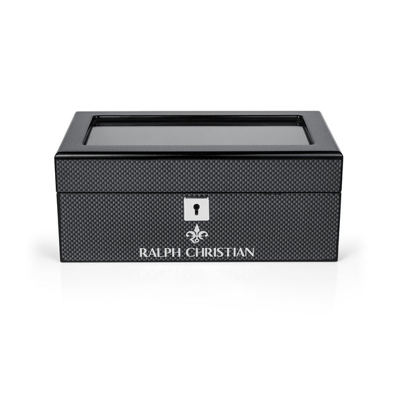 Luxury Collectors Watch Case in sleek black with a textured finish, featuring a secure lock and Ralph Christian logo, designed to protect and display premium timepieces.