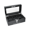 Luxury Collectors Watch Case by Ralph Christian featuring carbon fiber texture, black interior with three compartments, glass top display, and secure lock closure.