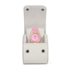 Watch Case - White displaying a pink watch in a padded white travel case with a round jeweled bezel and pink strap