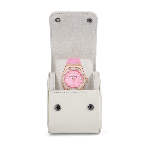 Watch Case - White displaying a pink watch in a padded white travel case with a round jeweled bezel and pink strap