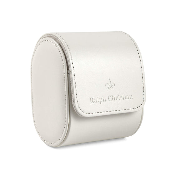 Watch Case - White with a rounded flap, stitched edges, smooth finish, and Ralph Christian logo on the front for elegant watch storage