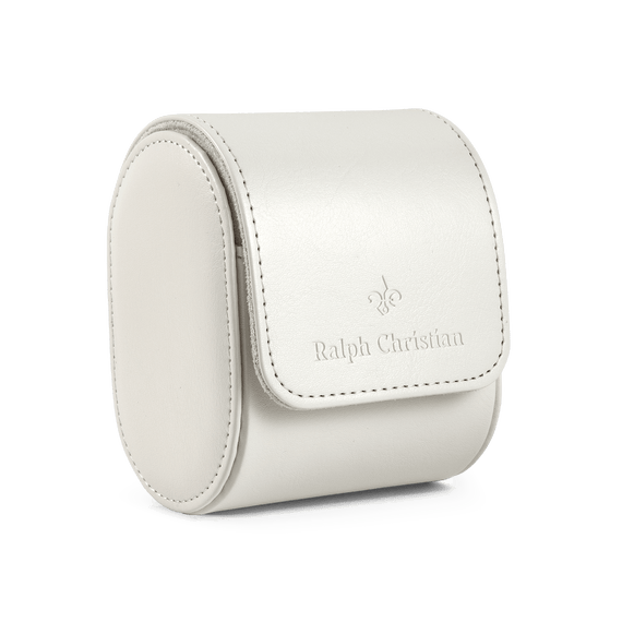 Watch Case - White, white leather watch case with rounded flap, stitched edges, and Ralph Christian logo for elegant watch storage