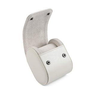 Watch Case - White open padded watch holder with soft interior, curved protective cover, and two snap buttons for secure storage on a clean background
