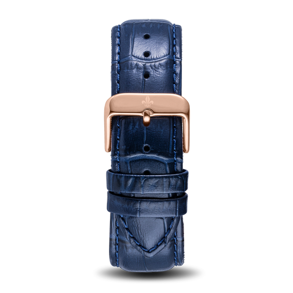 The Avalon Rose Gold + Blue Leather Croc Pattern Strap