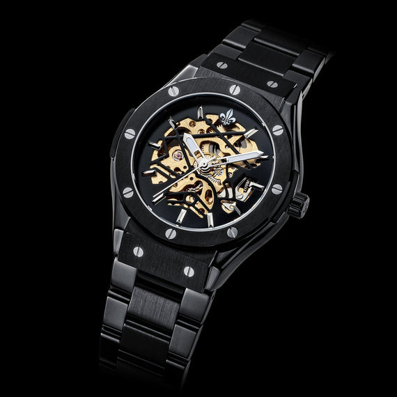 Prague Skeleton Automatic Deluxe - Black + Black Link Strap