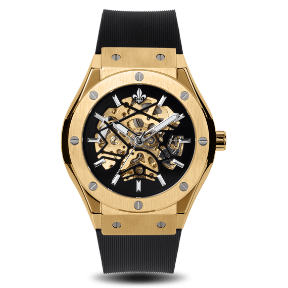 Prague Skeleton Automatic Deluxe - Gold + Gold Link Strap