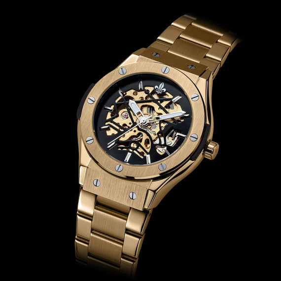 Prague Skeleton Automatic Deluxe - Gold + Gold Link Strap