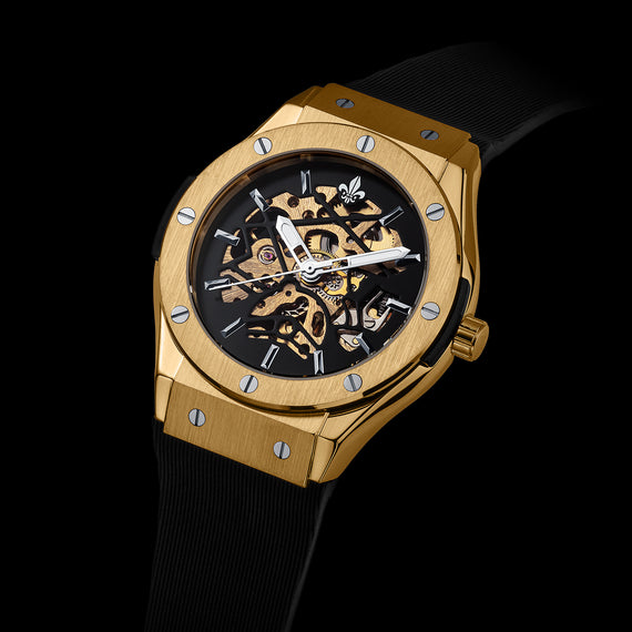 Prague Skeleton Automatic Deluxe - Gold + Gold Link Strap