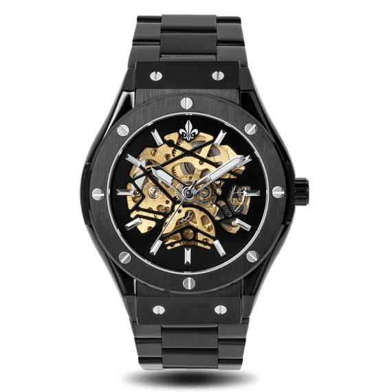 Prague Skeleton Automatic Deluxe - Black + Black Link Strap