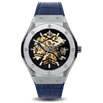 Prague Skeleton Automatic Deluxe - Silver + Blue Leather Strap