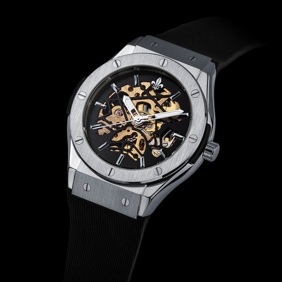 Prague Skeleton Automatic Deluxe - Silver + Blue Leather Strap
