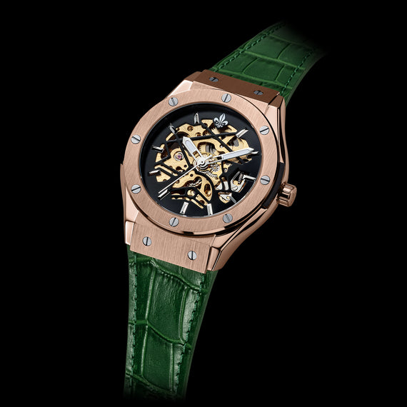 Green Croc Pattern Leather Strap With Rose Gold Buckle - Prague Deluxe
