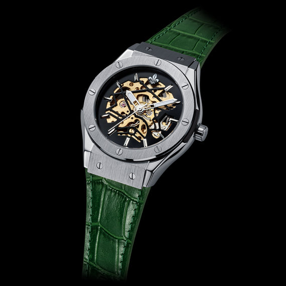 Green Croc Pattern Leather Strap With Silver Buckle - Prague Deluxe