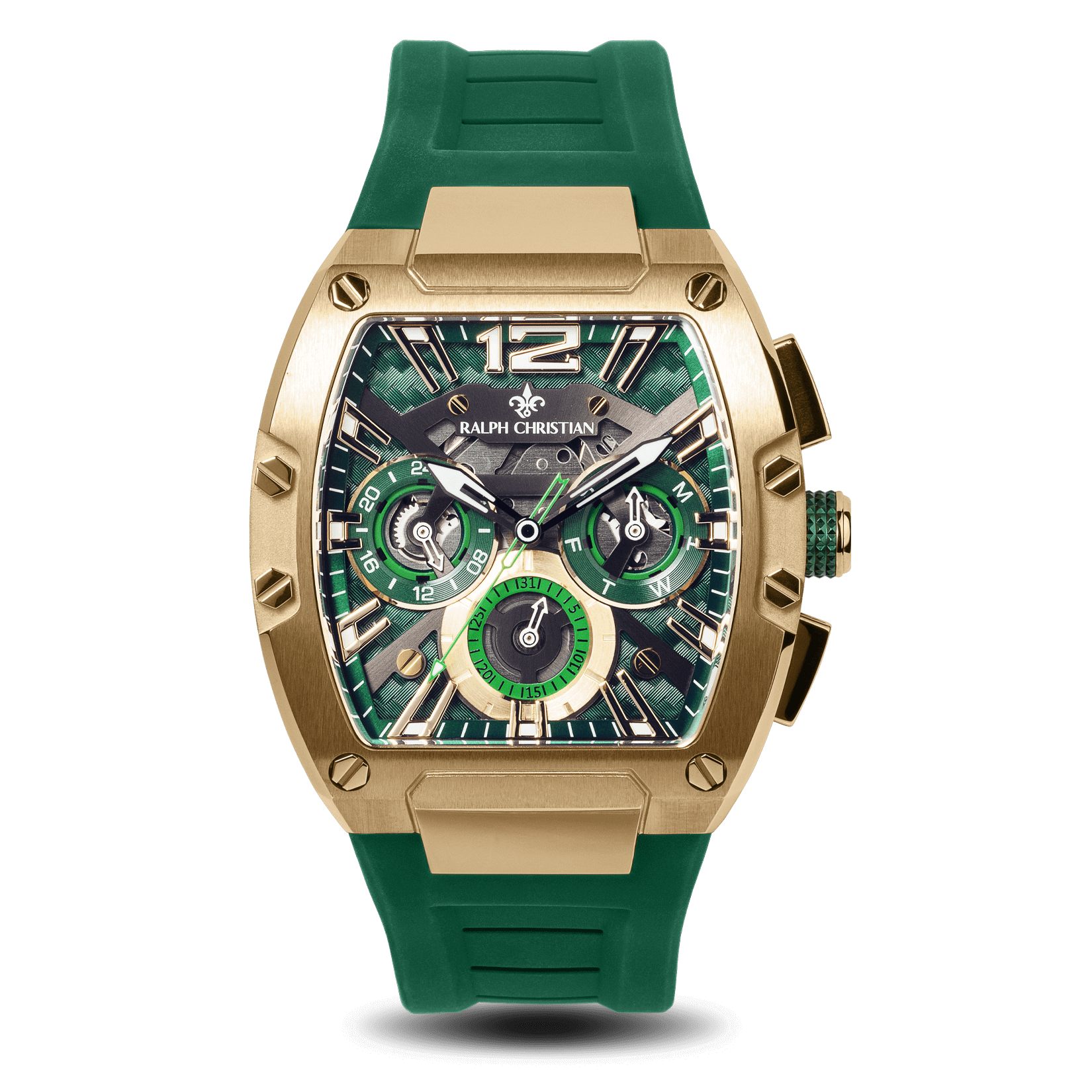 The Intrepid Sport - Gold men's luxury watch features a bold gold case with multiple chronograph subdials and a green dial, paired with a green rubber strap. Bold by Design.