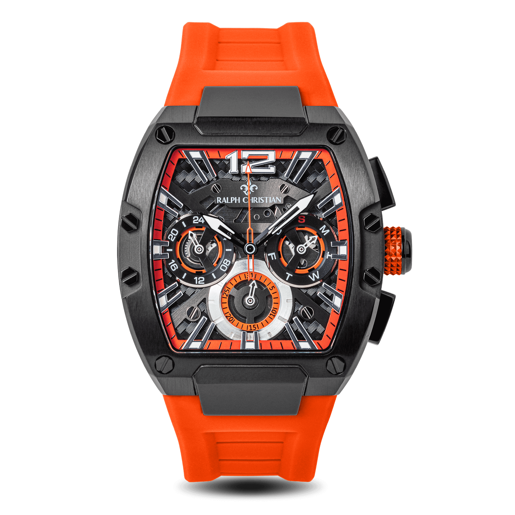 The Intrepid Sport - Neon Orange men's luxury watch featuring a bold black and orange dial with chronograph subdials, day and date functions, and a vibrant orange strap. Bold by Design.