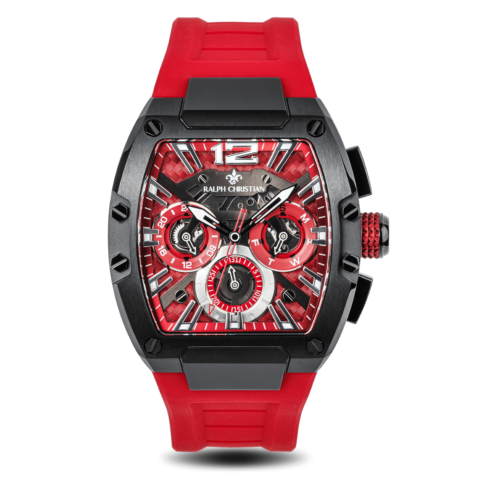 The Intrepid Sport - Racing Red men's luxury watch by Ralph Christian featuring a bold red dial with 24-hour subdial, day and date functions, black angular case, and matching red strap. Bold by Design.