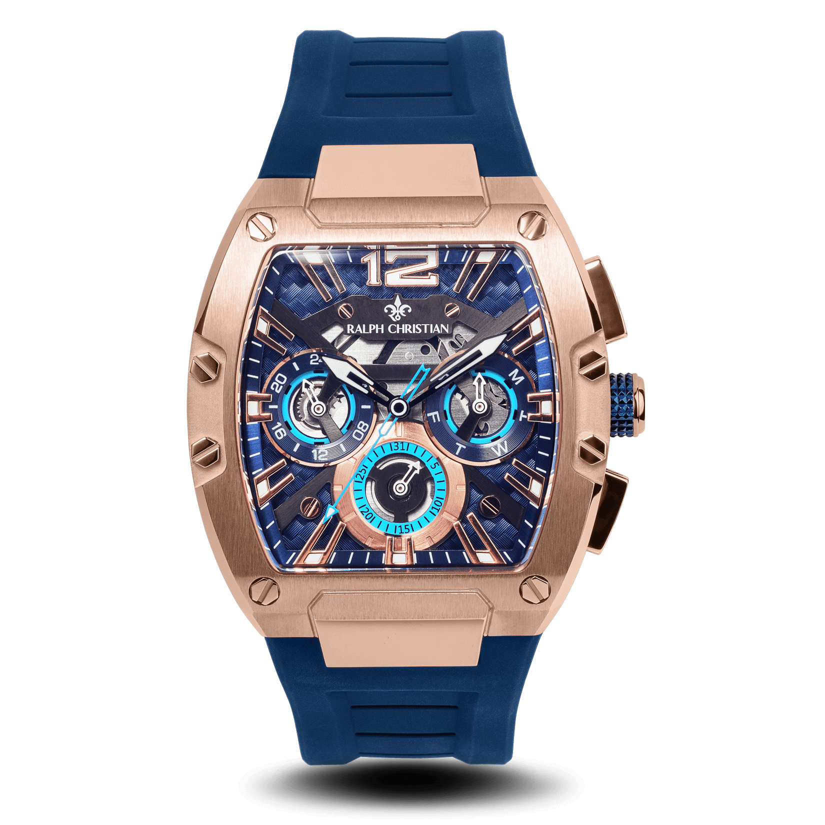 The Intrepid Sport - Rose Gold men’s luxury watch with a bold rose gold-tone case, blue textured dial featuring 24-hour, day, and date subdials, and a blue rubber strap.