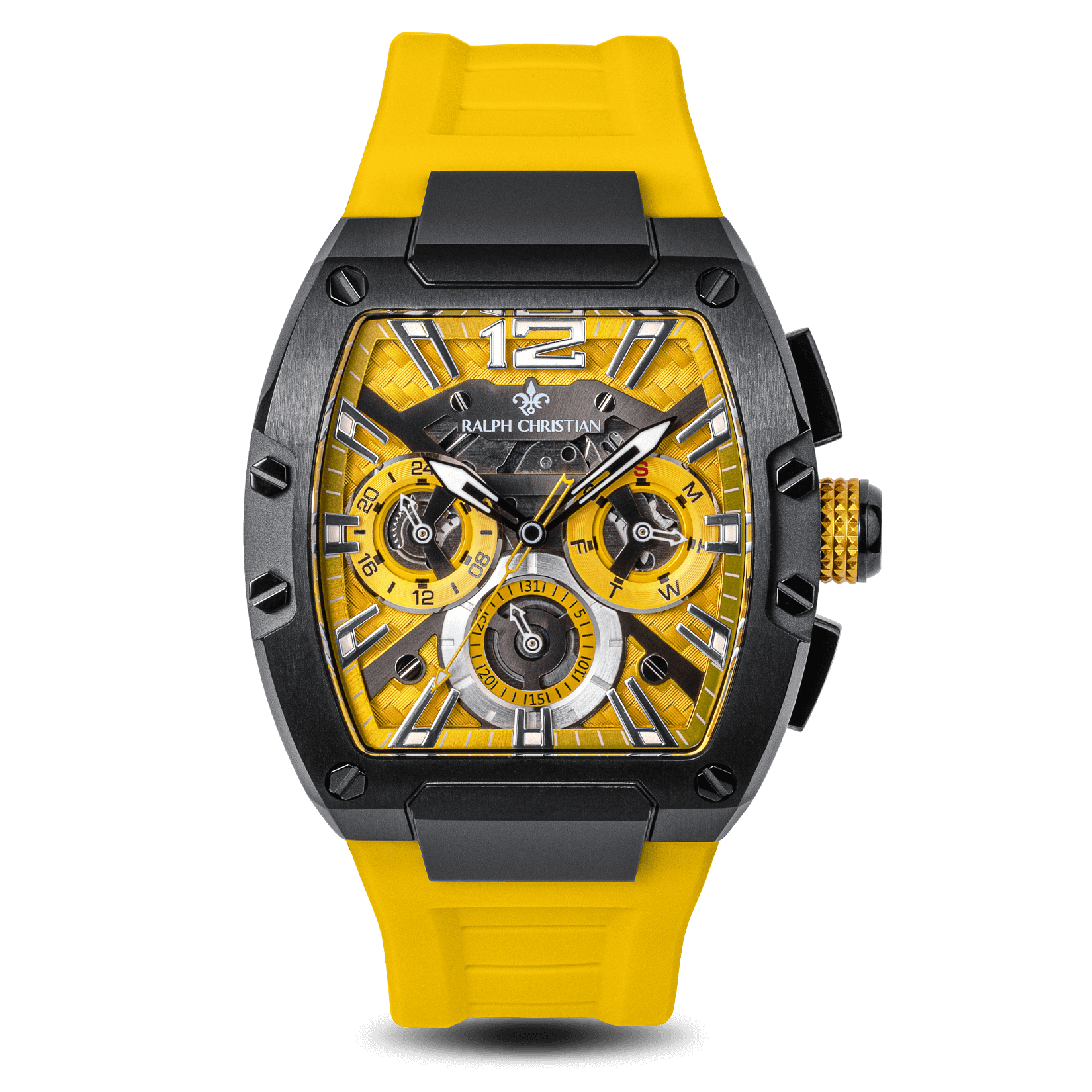 The Intrepid Sport - Electric Yellow men's luxury watch features a vibrant yellow textured dial with 24-hour, day, and date subdials, housed in a black bold case with a matching yellow strap, bold by design.